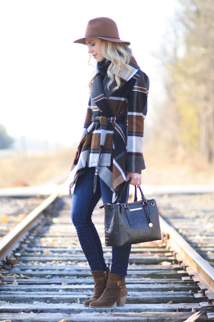 brown wool panama hat, chic wish brown and black plaid wrap coat, Brahmin small Lincoln satchel black melbourne, Ralph Lauren brown suede ankle boots, winter plaid coat outfit