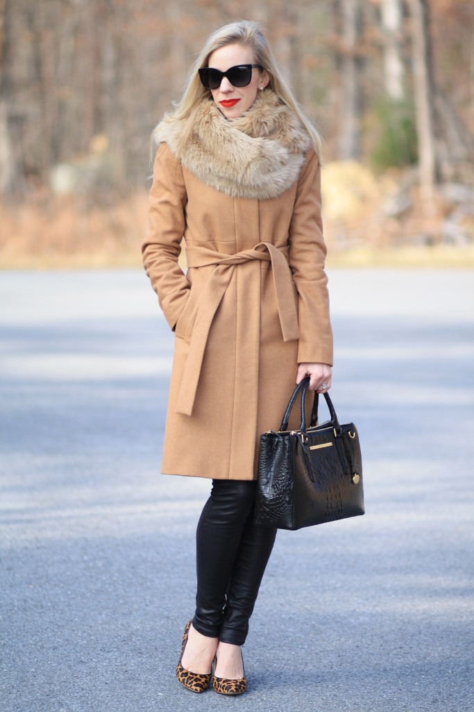 Moda a Roma: Camel wrap coat, Faux fur snood & Leopard pumps } - Meagan's  Moda