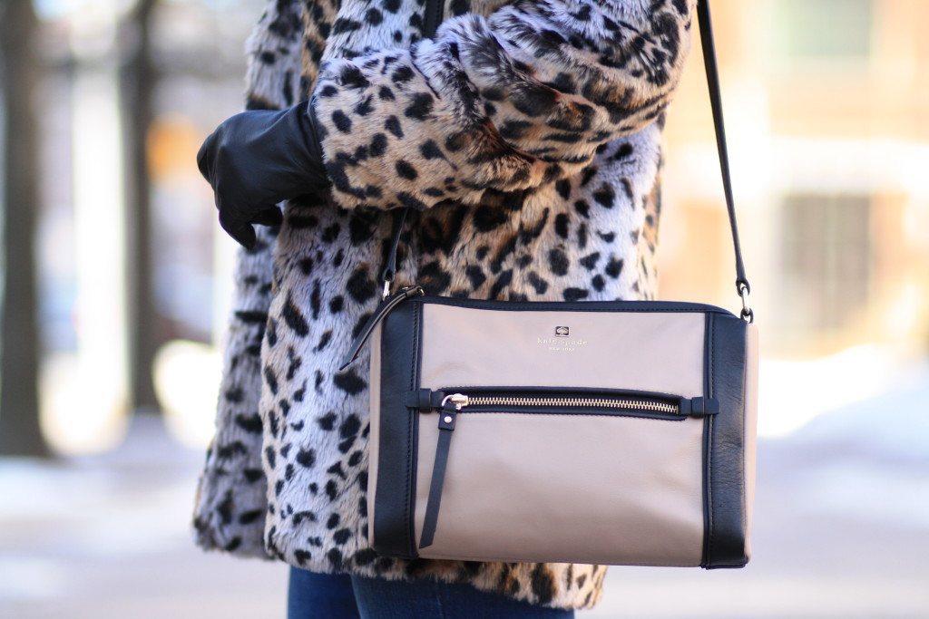 leopard print faux fur coat, Ugg black  leather shorty gloves with shearling cuff, Kate Spade black and tan colorblock crossbody bag