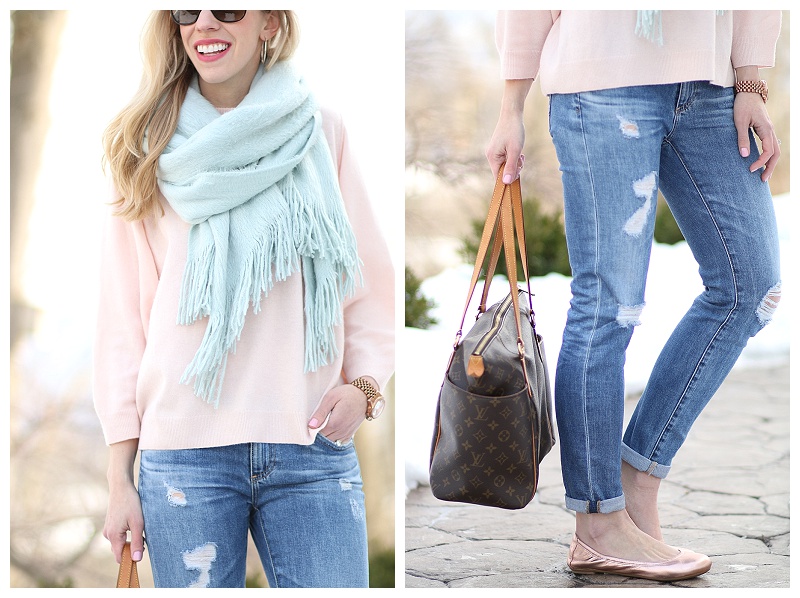 Louis Vuitton Totally MM monogram tote, bllush pink scarf with beige  sweater and white jeans - Meagan's Moda