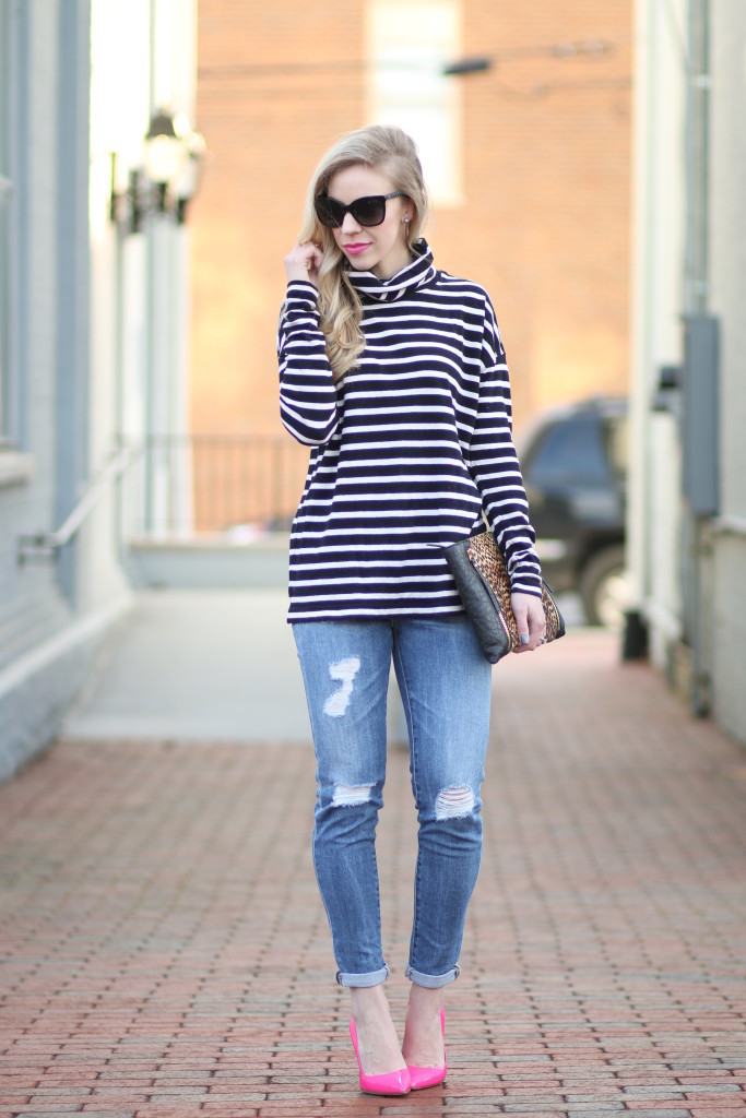J. Crew black and white striped oversized turtleneck, AG Adriano Goldschmied distressed stilt cigarette jean, Kate Spade licorice pump hot pink, pink patent pumps, oversized leopard clutch, neon and stripes