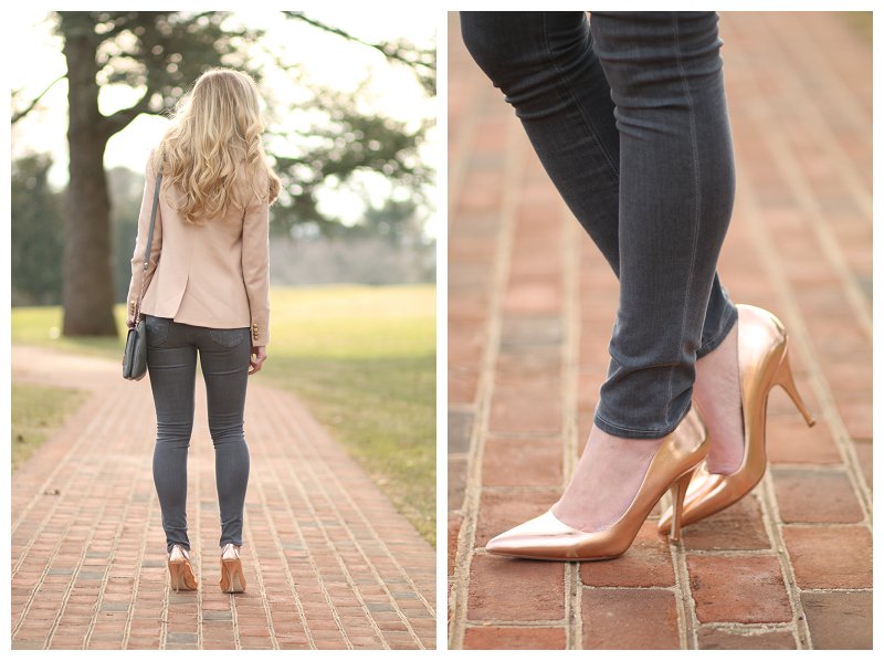 Kate Spade rose gold pumps, Adriano Goldschmied middi ankle gray jean, J.  Crew blush pink blazer, winter pastel outfit, blush pink and gray outfit,  metallic rose gold heels - Meagan's Moda