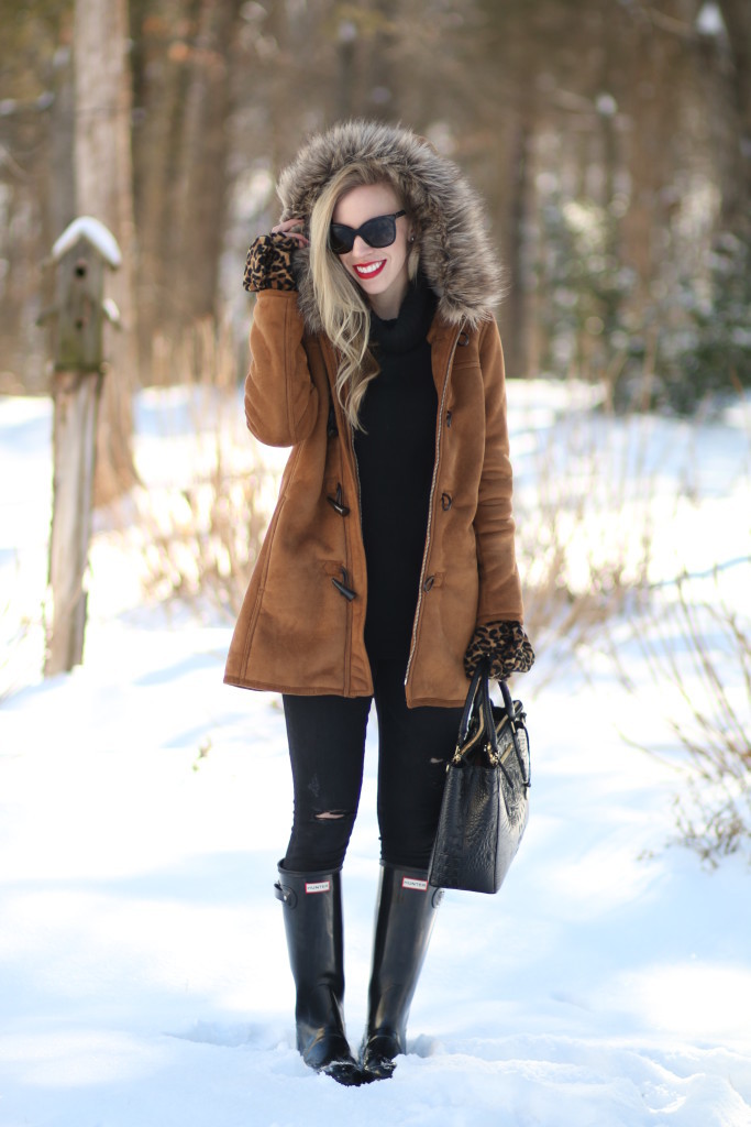Lands End camel toggle coat with fur lined hood, Ann Taylor cashmere tunic sweater, Adriano Goldschmied black distressed middi ankle jean, Hunter black tall glossy boot, camel and black winter outfit, leopard print gloves
