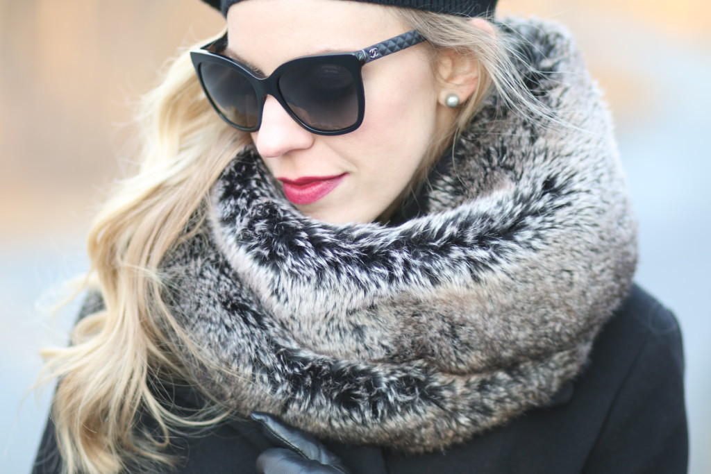 Piperlime gray faux fur infinity scarf, Chanel black oversized sunglasses with quilted leather trim, NARS 'scarlet empress' berry lip, fur snood, cashmere beret