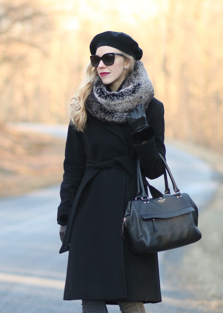 Ralph Lauren black wool wrap coat, cashmere beret, Chanel oversized cateye sunglasses, UGG leather black gloves with shearling trim, gray and black faux fur infinity scarf, Kate Spade cobble hill black pebbled leather bag