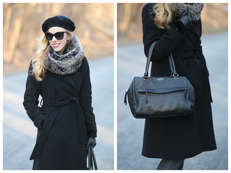 Ralph Lauren black wool wrap coat, cashmere beret, Chanel oversized  sunglasses, gray faux fur infinity scarf, Kate Spade cobble hill pebbled  leather black bag, gray and black winter outfit - Meagan's Moda
