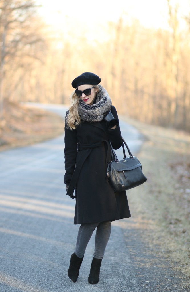 Ralph Lauren black wrap coat, Piperlime gray faux fur infinity scarf, cashmere beret, Adriano Goldschmied gray denim, black suede ankle boots, black and gray winter outfit with fur