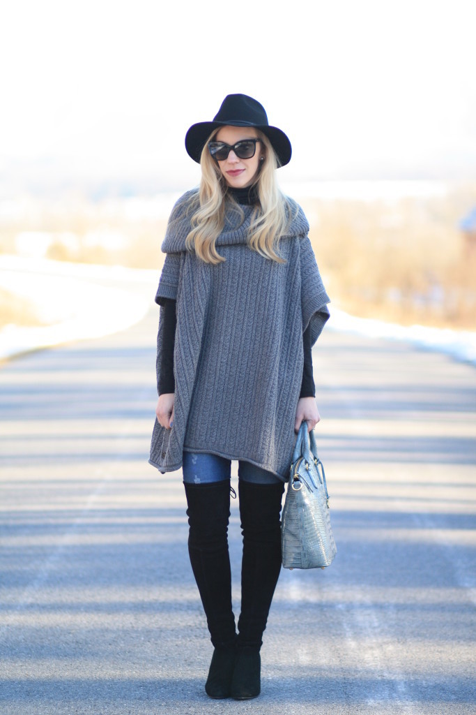 Ralph Lauren oversized cable poncho, gray poncho, Brixton black fedora, Stuart Weitzman 'Highland' black suede thigh high boots, Brahmin Jasper Duxbury satchel, poncho outfit with tall boots