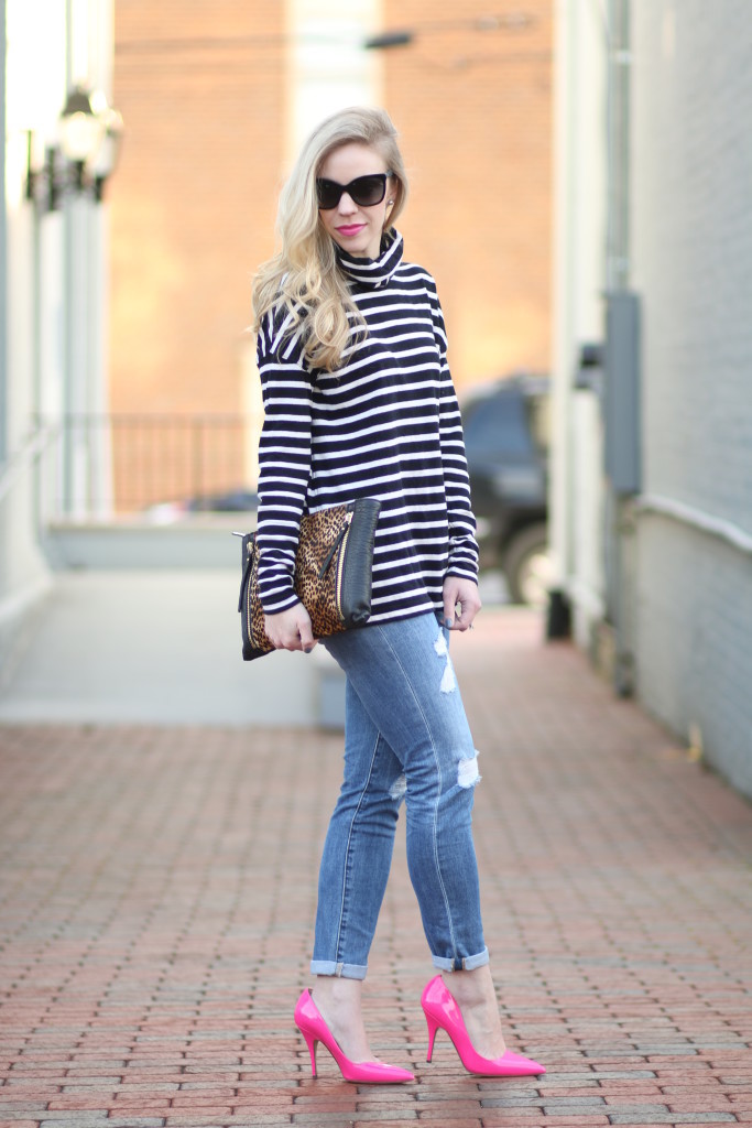 black and white striped oversized turtleneck, Adriano Goldschmied stilt cigarette jean 17 year riot, Kate Spade licorice too pump hot pink, pink pumps, Vince Camuto oversized leopard clutch, stripes and leopard, neon