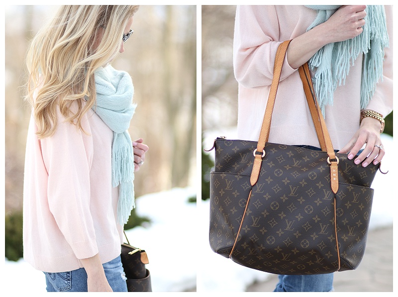 Louis Vuitton beige St Germain bag dune leather, gray dolman sleeve  sweater, oversized mint scarf spring outfit - Meagan's Moda