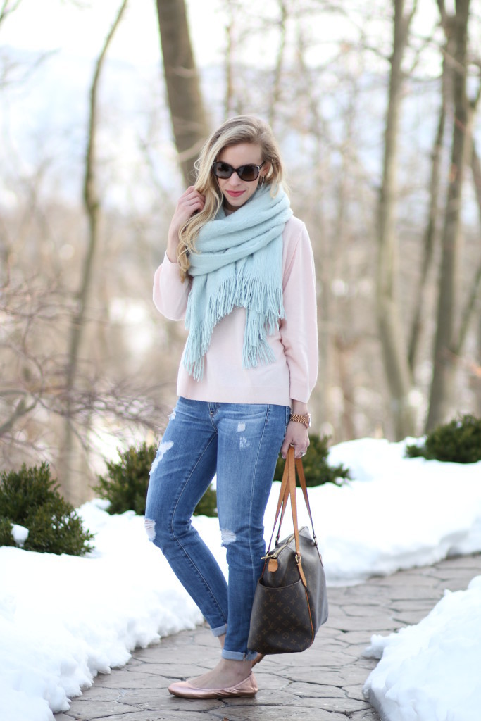 blush pink sweater, H&M mint oversized scarf, Adriano Goldschmied stilt cigarette distressed denim, rose gold ballet flats, Louis Vuitton totally MM tote, winter pastel outfit