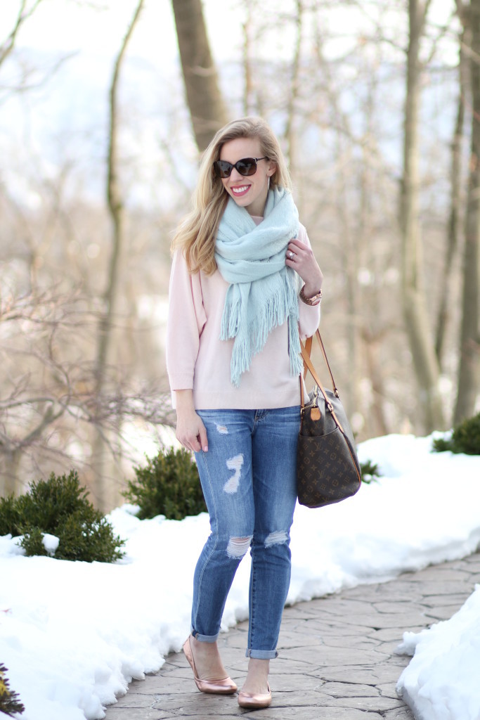 blush pink scarf with tan sweater, white distressed boyfriend jeans, Louis  Vuitton totally MM monogram tote, pink scarf spring outfit - Meagan's Moda