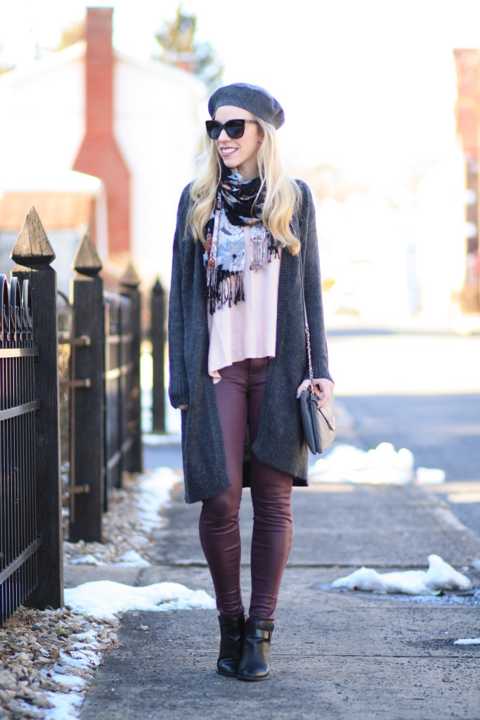 gray cashmere beret, floral scarf, long cardigan, blush pink sweater, burgundy leather pants, how to style a long cardigan with skinny jeans and ankle boots, Belle by Sigerson Morrison 'Yulene' bootie, winter floral