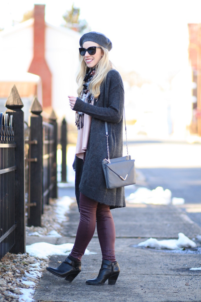 how to wear a long cardigan with skinny jeans and boots, Elaine Turner gray Bailey bag, 7 for all mankind burgundy leather jean, Belle by Sigerson Morrison Yulene boot, cashmere beret, floral print scarf, blush pink