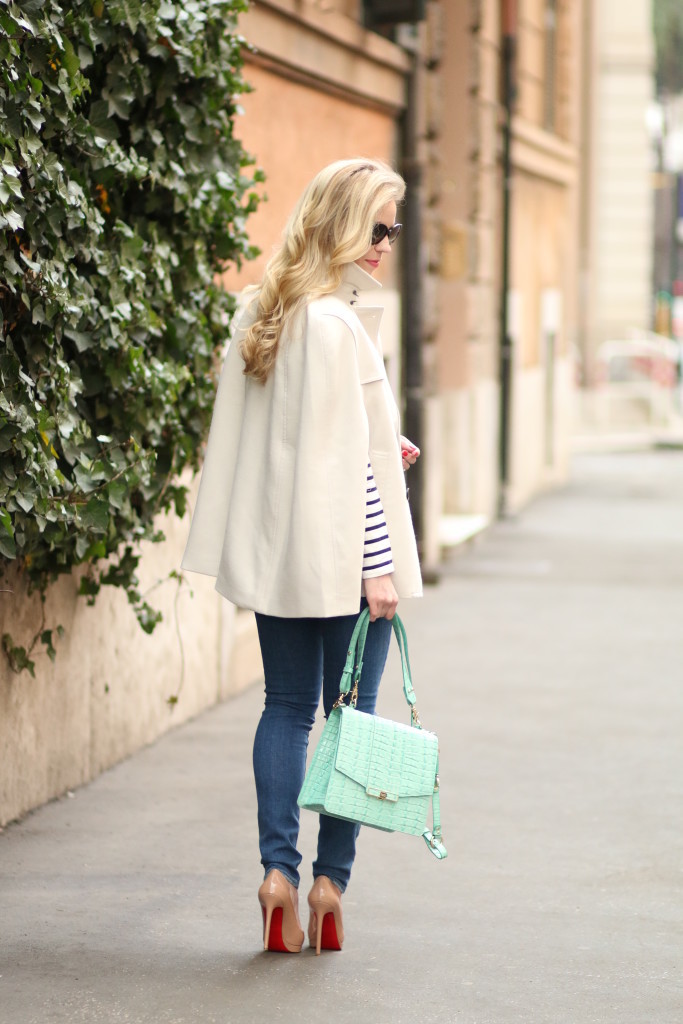 Ann Taylor khaki trench cape, Paige verdugo skinny jeans, Brahmin mint la scala ophelia bag, mint bag for spring, Christian Louboutin nude patent pigalle plato pump, Italian fashion blogger, how to style trench cape
