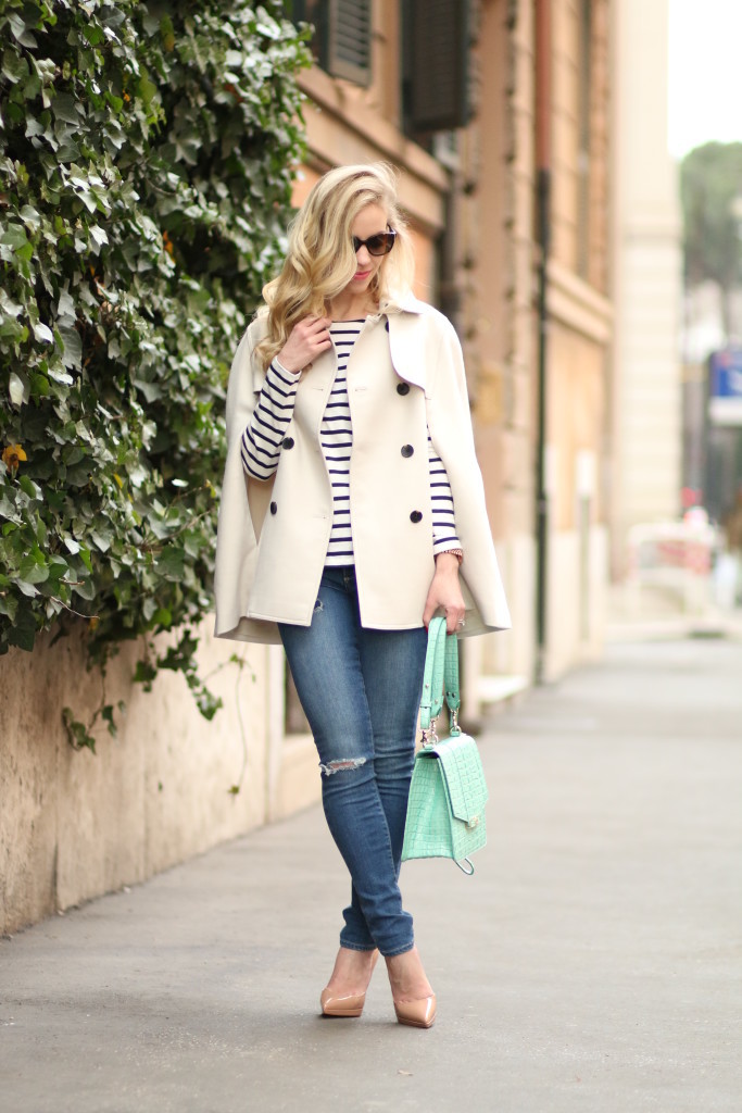 Ann Taylor khaki trench cape, navy striped tee, Paige carmen tear and repair distressed skinny jeans, Christian Louboutin nude patent pigalle platform pump, Brahmin mint la scala ophelia bag, mint and navy spring outfit