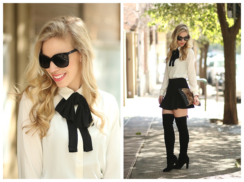 Chanel Inspired: Bow tie blouse, Flounce mini skirt & OTK suede boots } -  Meagan's Moda