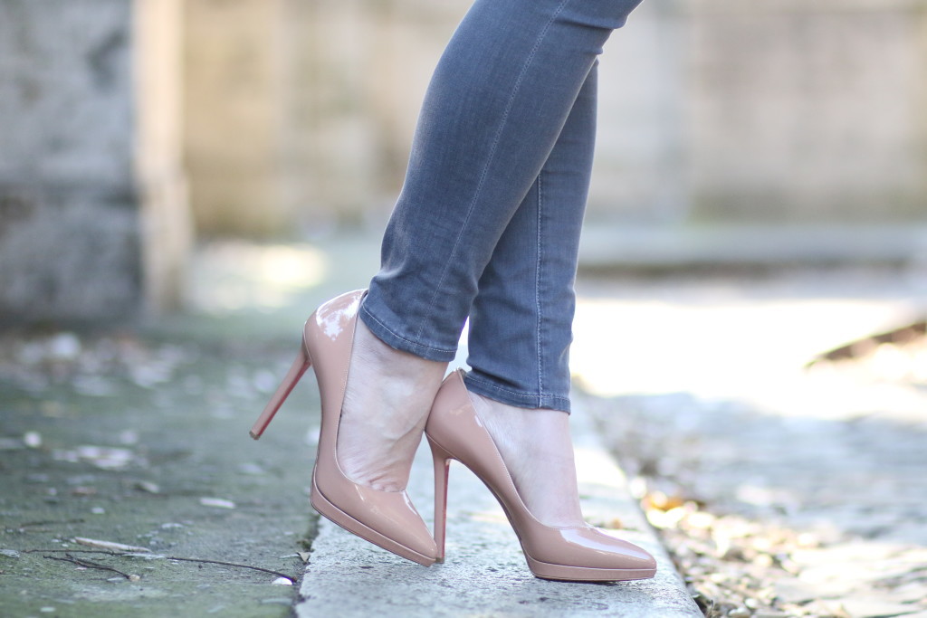 Christian Louboutin nude patent pigalle plato platform 120 pump, classic nude pumps, Christian Louboutin nude heel, Adriano Goldschmied gray ankle denim, gray ankle jeans