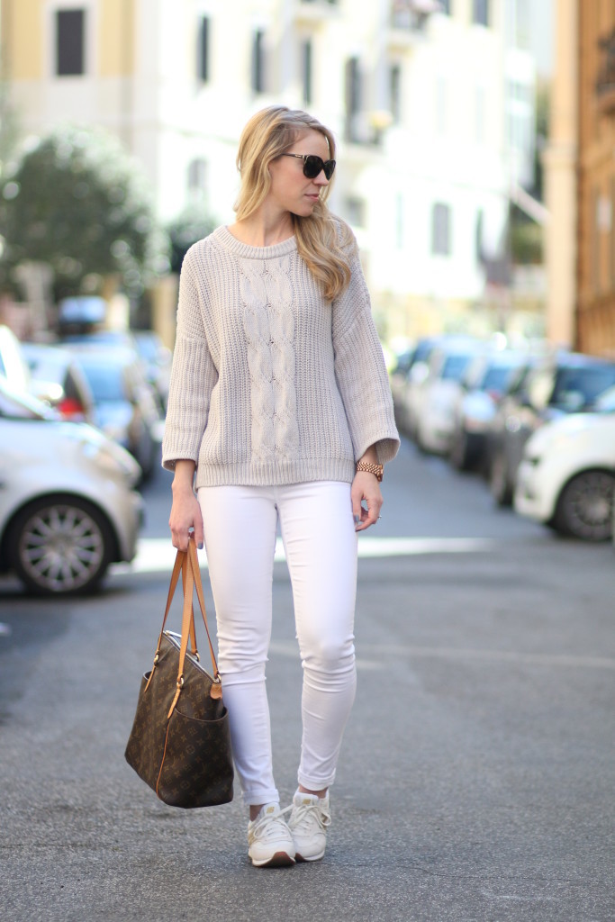 { Fresh Neutrals: Gray cable sweater, White ankle jeans & New Balance sneakers } - Meagan&#39;s Moda