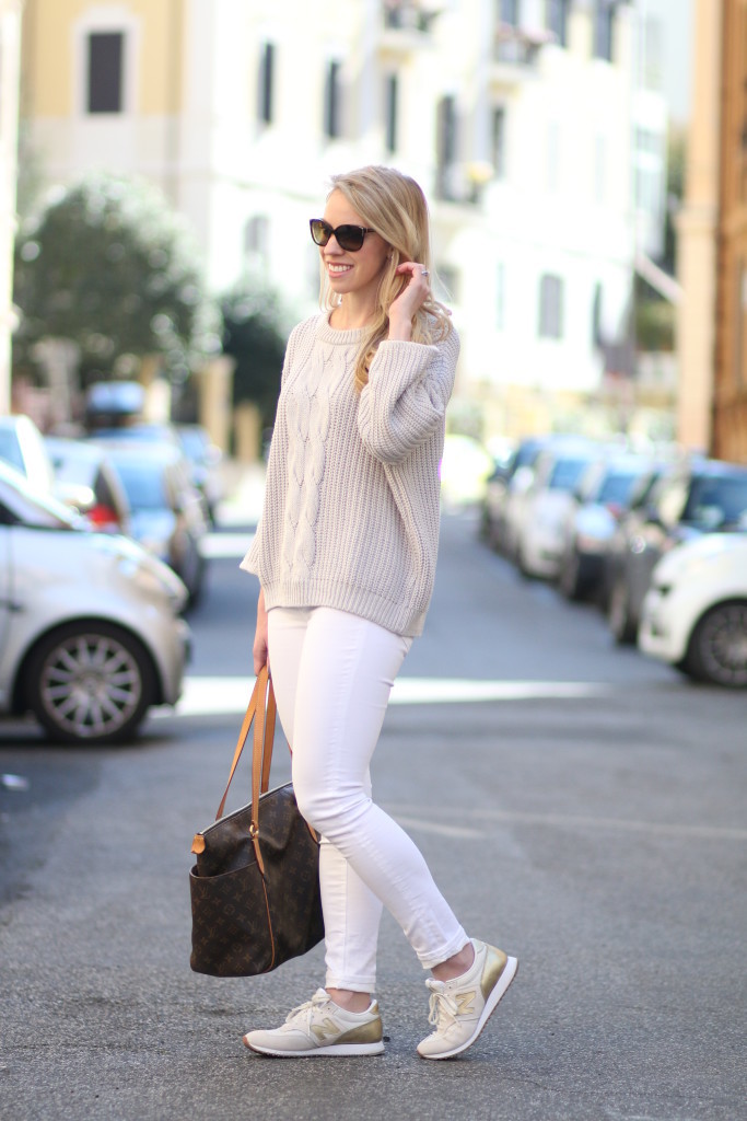Fresh Neutrals: Gray cable sweater, White ankle jeans & New