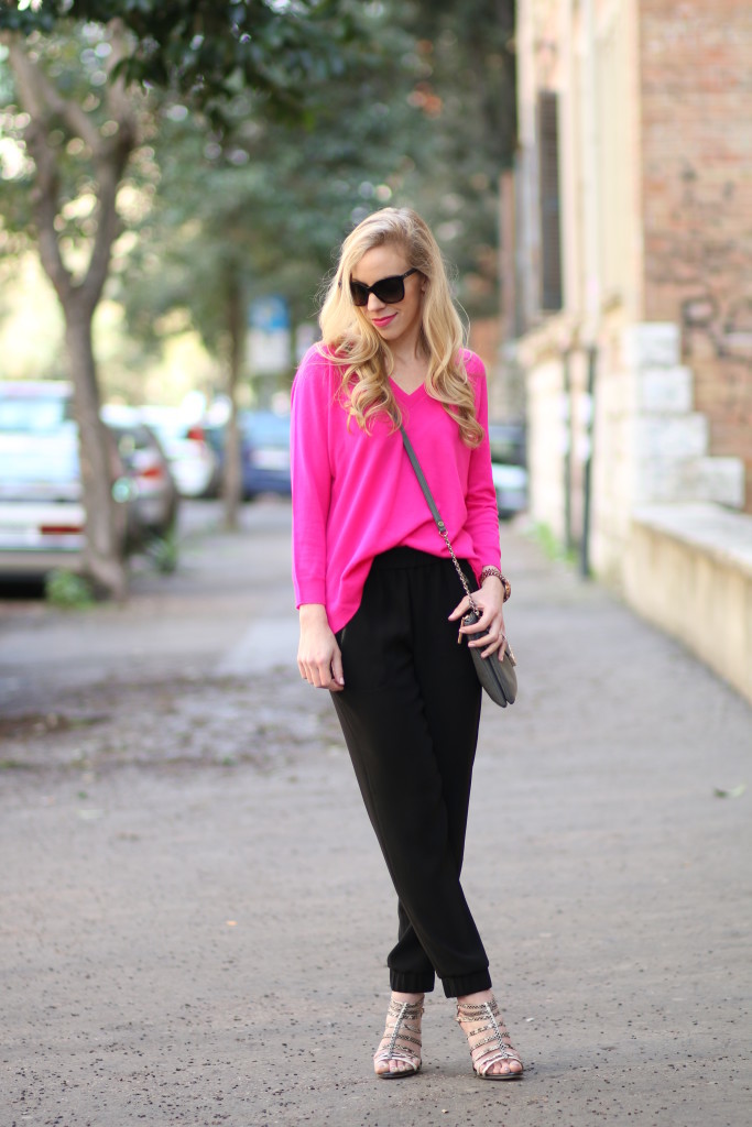 J. Crew neon begonia v-neck sweater, Turner pant, black track pants with heels, Cecelia New York snakeskin Lidia sandals, hot pink and black outfit, Chanel oversized sunglasses, Elaine Turner gray Bailey bag