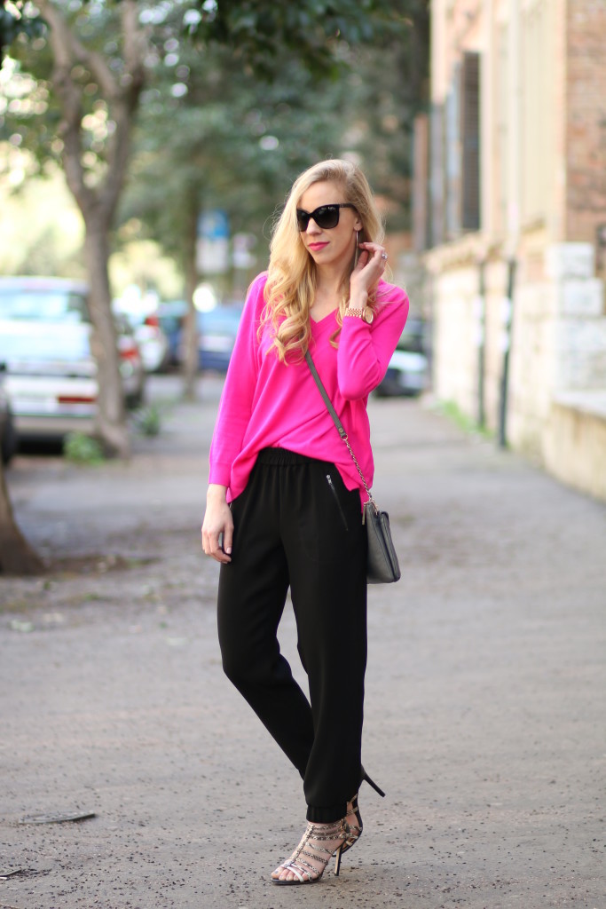 J. crew neon begonia pink boyfriend v-neck merino sweater, Turner pants black, tapered track pants with heels, hot pink and black spring outfit, Cecelia New York Lidia snakeskin stiletto sandals, Elaine Turner gray crossbody