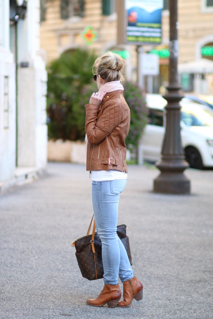 Michael Kors camel leather jacket, blush pink scarf, light blue skinny jeans, pale denim, camel and rose pink outfit, Frye Reina camel leather western ankle boots, Louis Vuitton MM tote, leather jacket outfit for spring