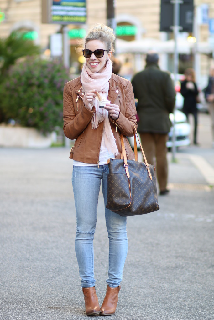 Michael Kors camel leather jacket with gold hardware, blush pink spring scarf, Louis Vuitton totally MM tote, light blue skinny jeans summer, distressed denim, Frye camel leather Reina western ankle boots, camel and pink