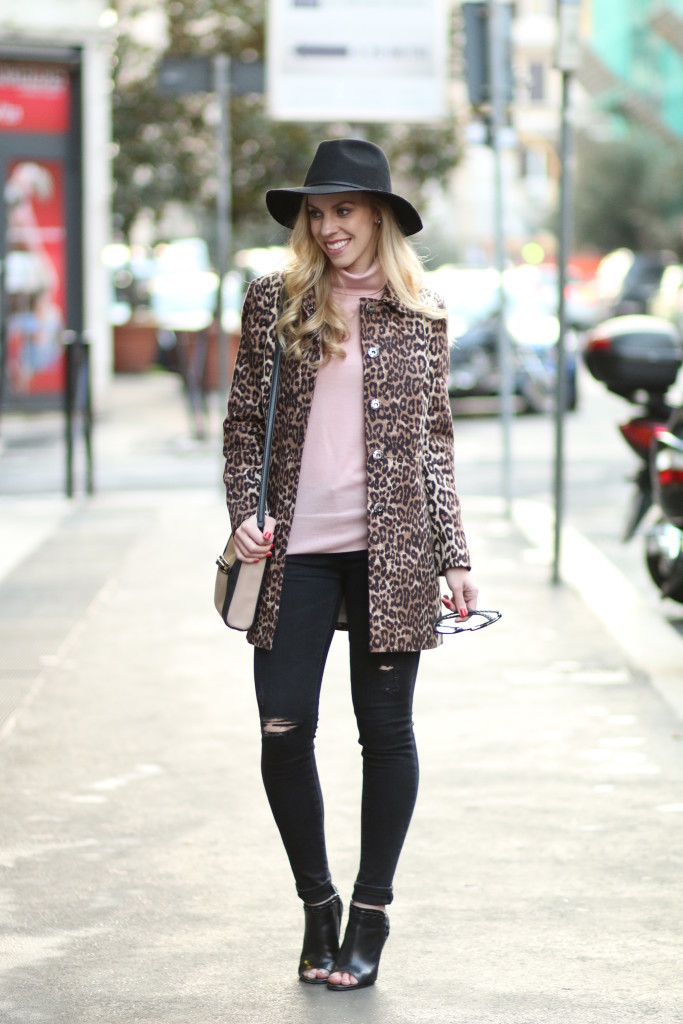 banana republic leopard car coat, J. Crew blush pink turtleneck, Brixton wesley black fedora, Adriano Goldschmied black middi ankle jean, black distressed denim and ankle boots, Cole Haan black peep-toe booties,  spring