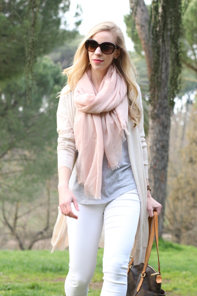 light pink scarf for spring, Chanel oversized tortoiseshell sunglasses spring 2015, gray tee with maxi cardigan, Adriano Goldschmied white ankle jeans, Louis Vuitton large monogram tote, neutral spring layers, light pink gray