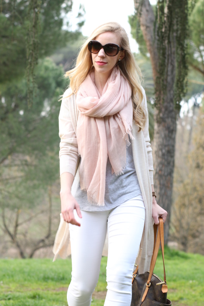 Villa Ada: Long cardigan, Pink scarf & White ankle jeans } - Meagan's Moda