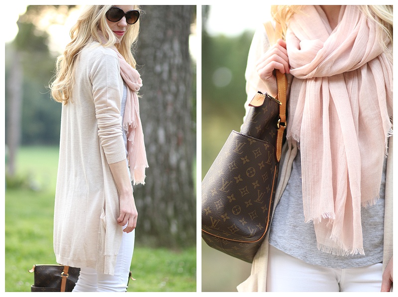 Louis Vuitton charcoal gray shine shawl scarf, pink and gray spring outfit  with khaki trench coat - Meagan's Moda