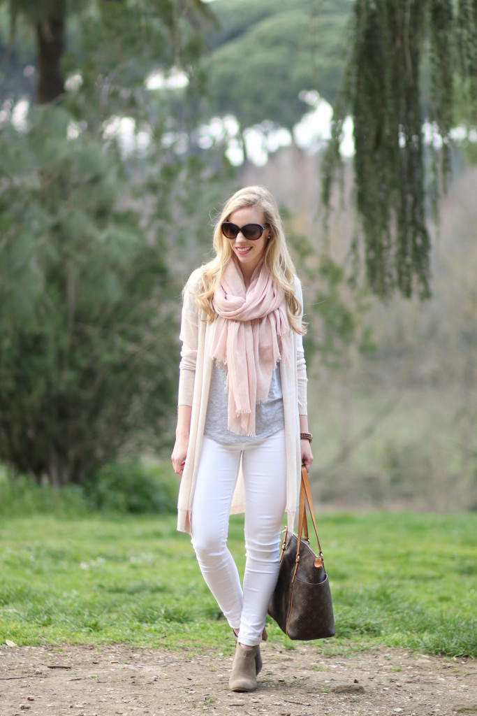 neutral layers for spring, neutral color outfit, light pink scarf, gray tee with long cardigan, maxi cardigan outfit, Adriano Goldschmied white ankle jeans, suede ankle boots, light pink and gray, Italian fashion blogger