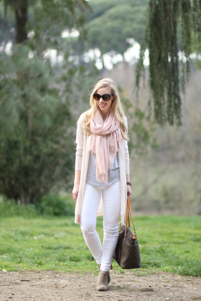 blush pink scarf with beige sweater outfit, white boyfriend jeans, how to  wear pink and white for spring, gold New Balance sneakers outfit - Meagan's  Moda