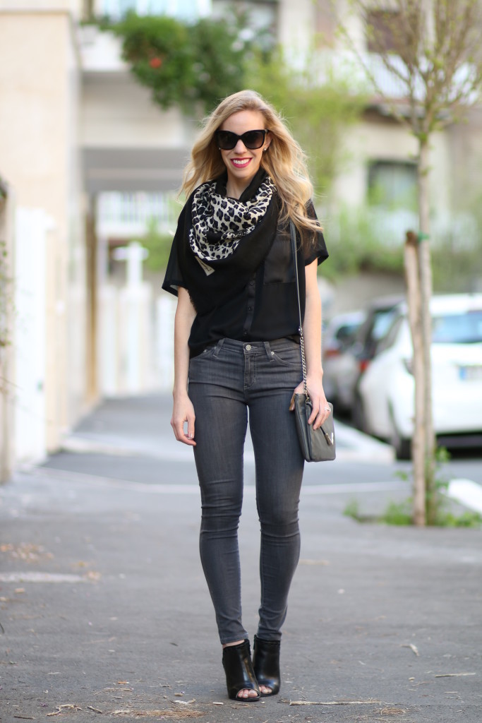YSL vintage leopard scarf, black crop top and high waist jeans, Adriano Goldschmied gray middi ankle jean, black peep-toe ankle booties, Chanel cateye sunglasses, black and gray outfit, Italian fashion blogger Rome