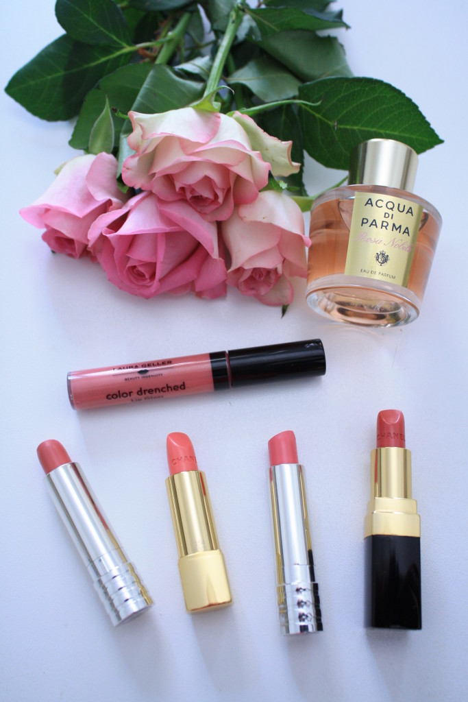 pink beauty review, best pink lipcolors for spring and summer, Acqua di Parma rosa nobile perfume, Chanel rouge coco Edith, Chanel Badine lipstick, Clinique soft matte petal, Clinique soft matte beauty, Laura Gellar