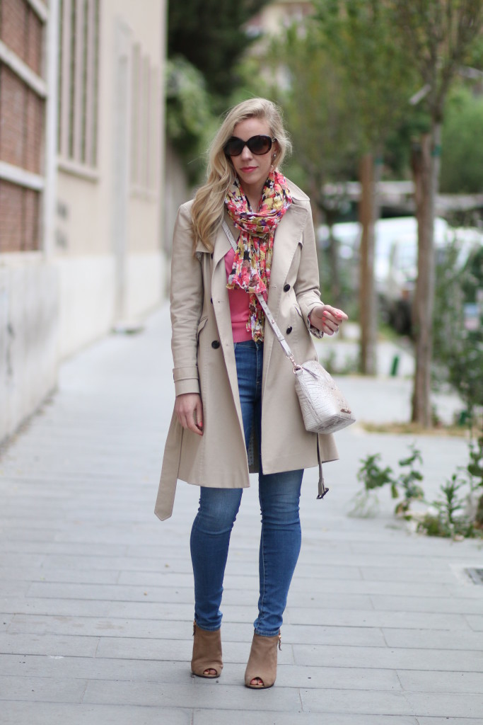 Ann Taylor khaki trench coat, floral scarf, Adriano Goldschmied middi ankle jean, Stuart Weitzman suede peep toe booties, spring layers, how to wear a trench coat for spring