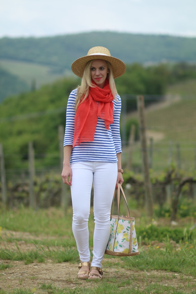 J. Crew striped tee, blue with orange outfit, french inspired outfit, wide brim straw hat, white denim, lemon print tote, Michael Kors gold sandals, Tuscany, Italian fashion blogger