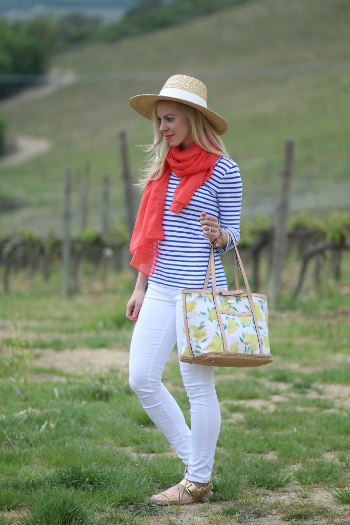 J. Crew wide brim straw hat, blue striped tee with orange scarf, Kate Spade lemon print tote, Adriano Goldschmied white jeans, Michael Kors gold 'sawyer' sandals, stripes and lemons outfit