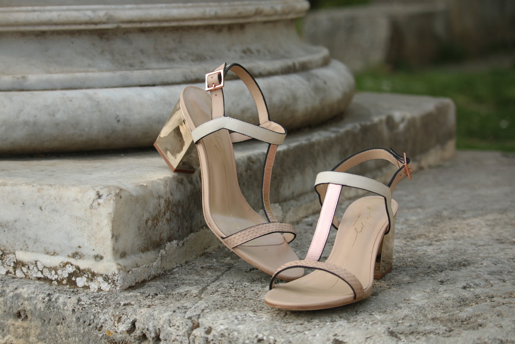 Lola Cruz rose gold chunky heel t-strap sandals, colorblock heel sandals