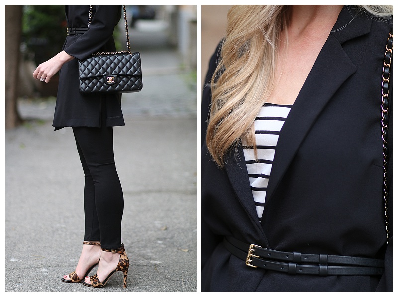 Classic Black: Long belted jacket, High waist pants & Leopard print sandals  } - Meagan's Moda
