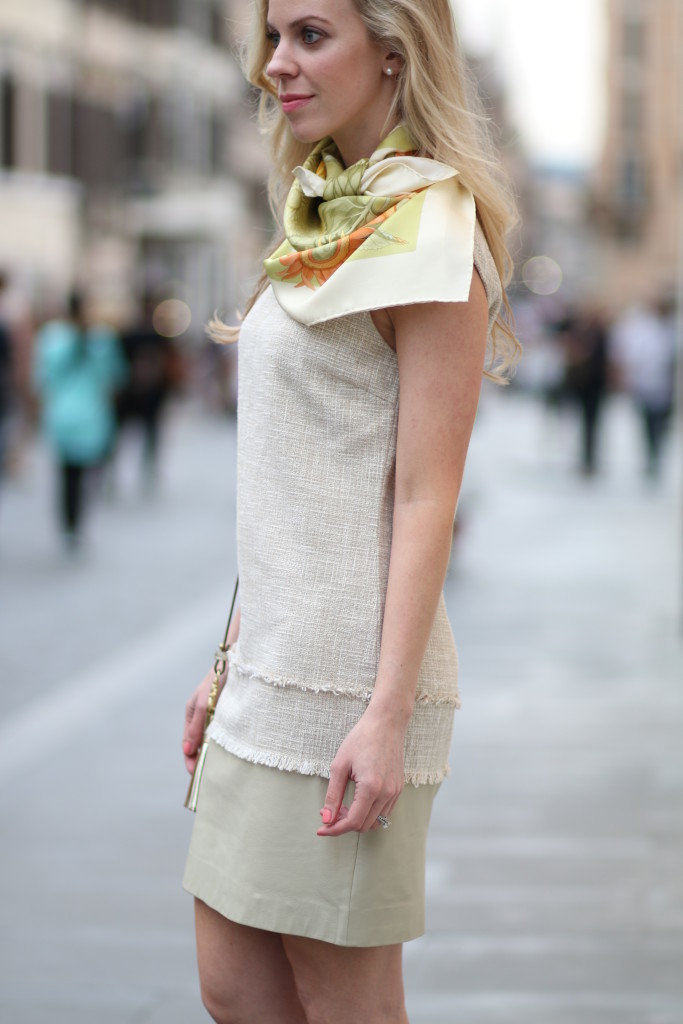 gold tweed shift dress with beige leather, Salvatore Ferragamo silk scarf, Italian fashion blog, how to tie a square silk scarf