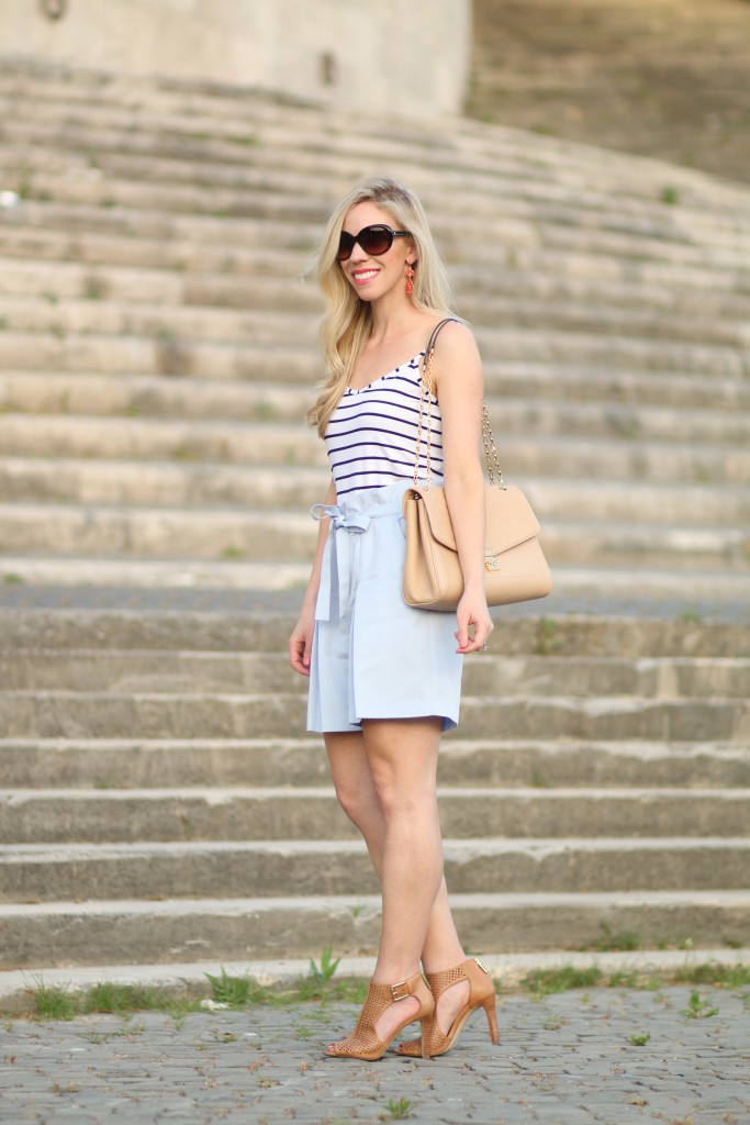 navy striped camisole with high waist shorts, Louis Vuitton dune leather St. Germain bag, tan peep toe booties, paperbag waist shorts outfit