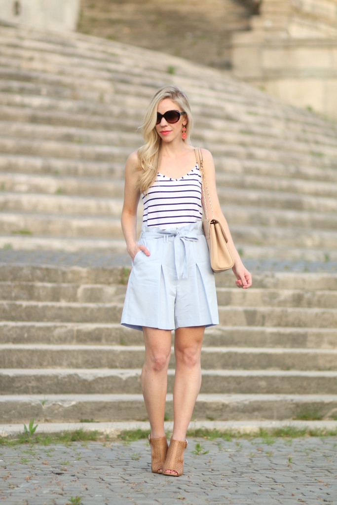 navy striped camisole with high waist shorts, paperbag waist shorts, how to wear high waist shorts for summer, caged booties, Italian fashion blog