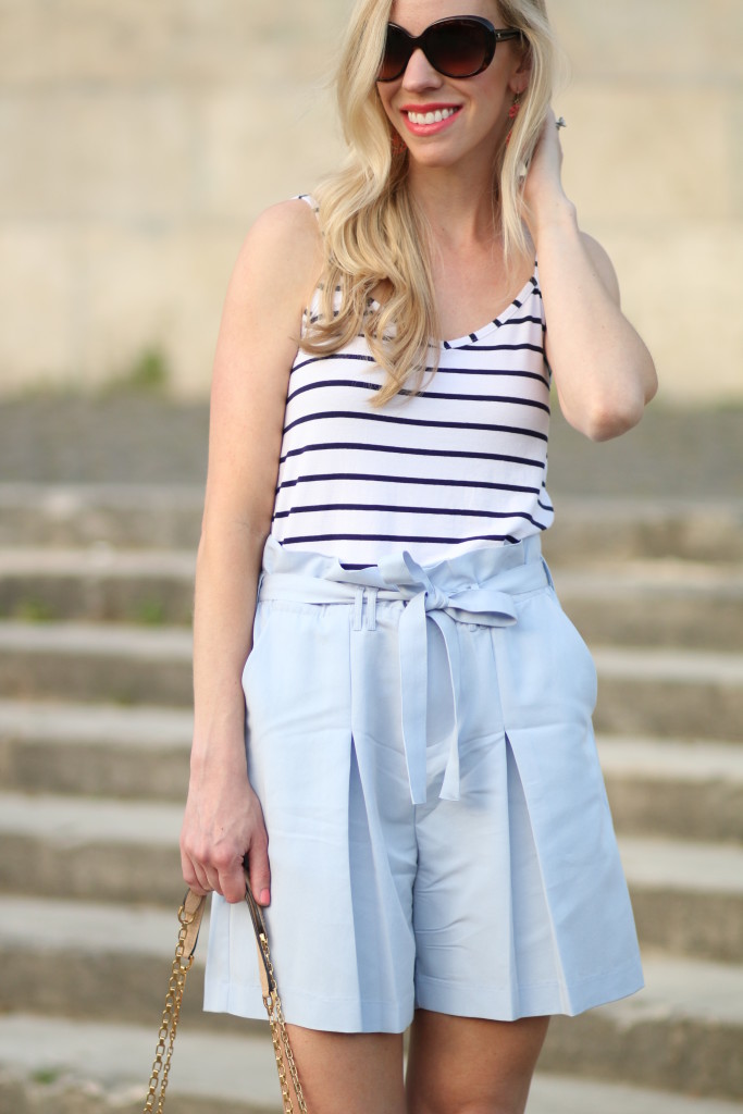 paperbag waist shorts, nautical inspired outfit, navy striped tank with high waist shorts, how to wear high waist shorts, Estee Lauder 'Surreal Sun' coral lipstick