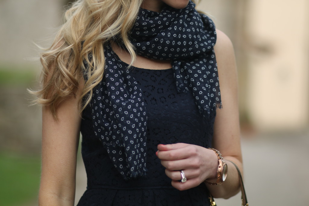 printed scarf, j crew navy lace dress, how to tie an oversized scarf