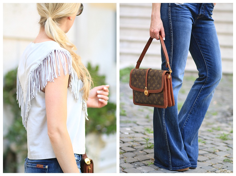 vintage 1970s Louis Vuitton Passy shoulder bag, Zara fringe top, 7 for all  mankind high waist vintage bootcut jeans, how to wear fringe and flare  jeans, 70s style outfit - Meagan's Moda