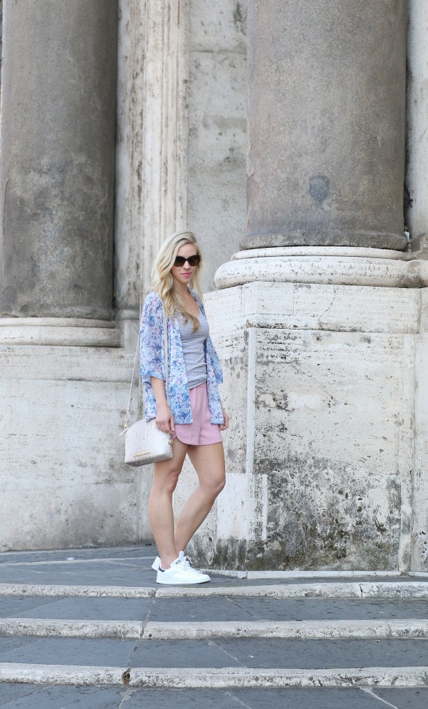 floral kimono jacket, striped tank top, how to wear floral print with stripes, J. Crew pink track shorts, Adidas stan smith sneakers with shorts, Italian style blog