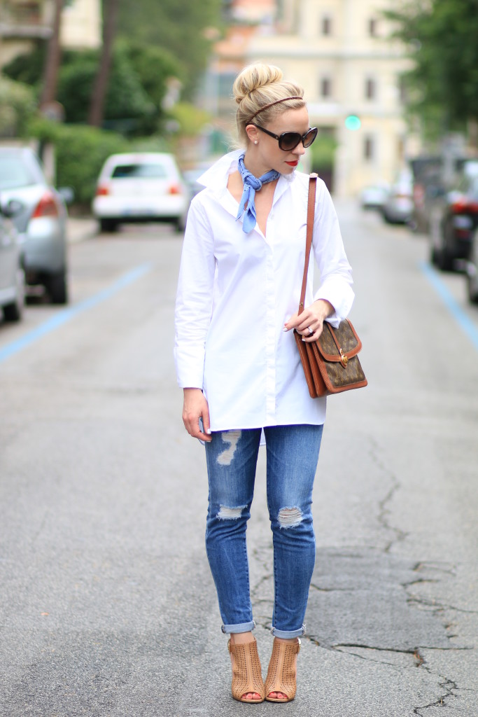 J Crew Flannel Shirt, White Puffer Vest, and Louis Vuitton Speedy