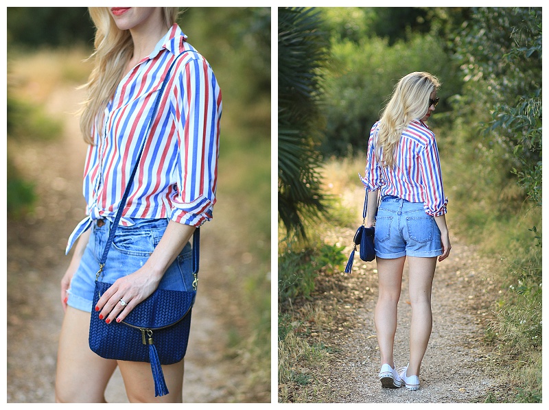 Red White And Blue Striped Button Down High Waist Denim Shorts With Sneakers Navy Blue Tassel Bag How To Wear Stylish Patriotic Colors Fourth Of July Meagan S Moda